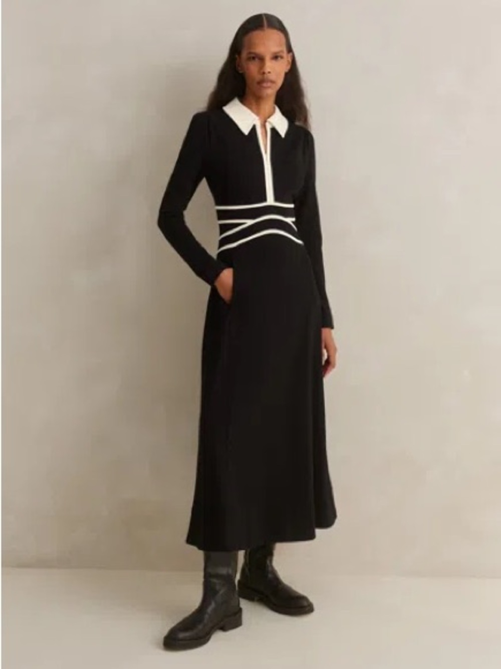 ME+EM Contrast Collar Travel Tailoring Maxi Dress Black/Cream US 8